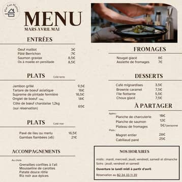 Menu saisonnier du Bistrot du Grand Liot pour mars, avril et mai
