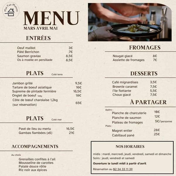 Menu saisonnier du Bistrot du Grand Liot pour mars, avril et mai