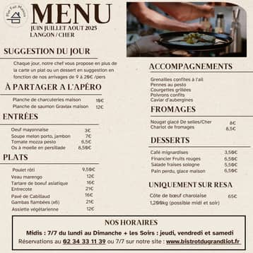 Carte du Bistrot du Grand Liot pour l'été
