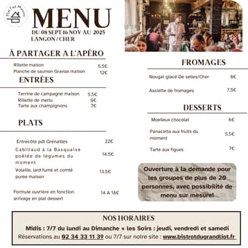 Carte du Bistrot du Grand Liot, menu d'automne 2025