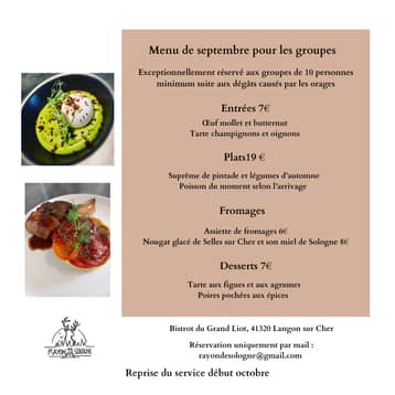 Menu de septembre pour les groupes du Bistrot du Grand Liot