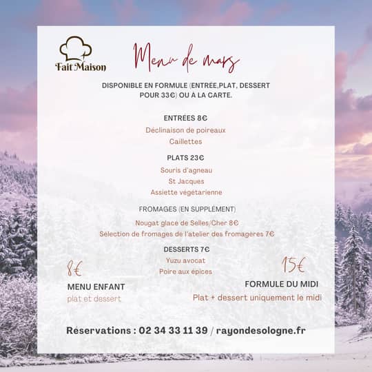 Menu du mois de mars du Bistrot du Grand Liot
